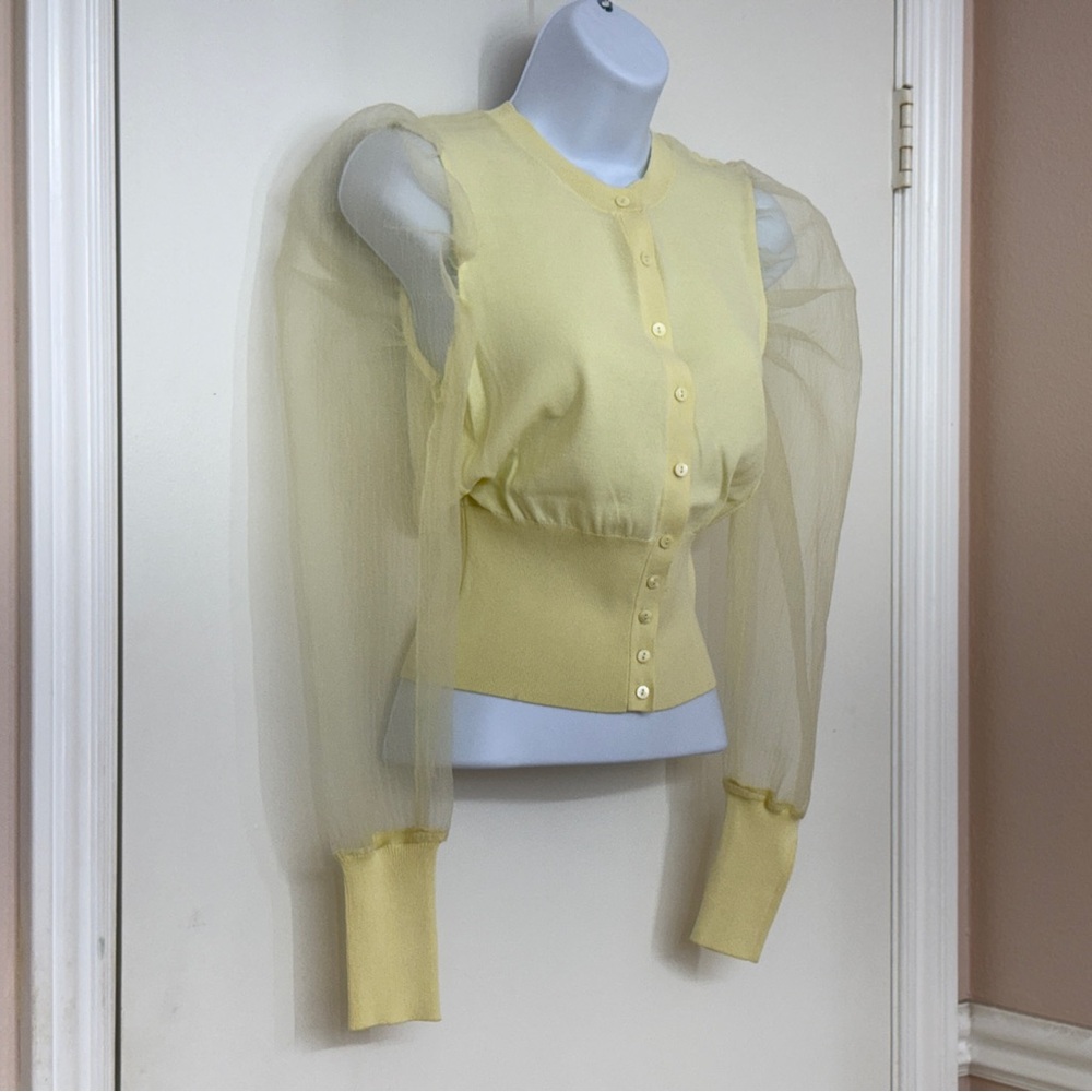 ZARA Women Puff Sleeve Cardigan, Yellow Sheer Sleeve Button-Up, Size S, NEW